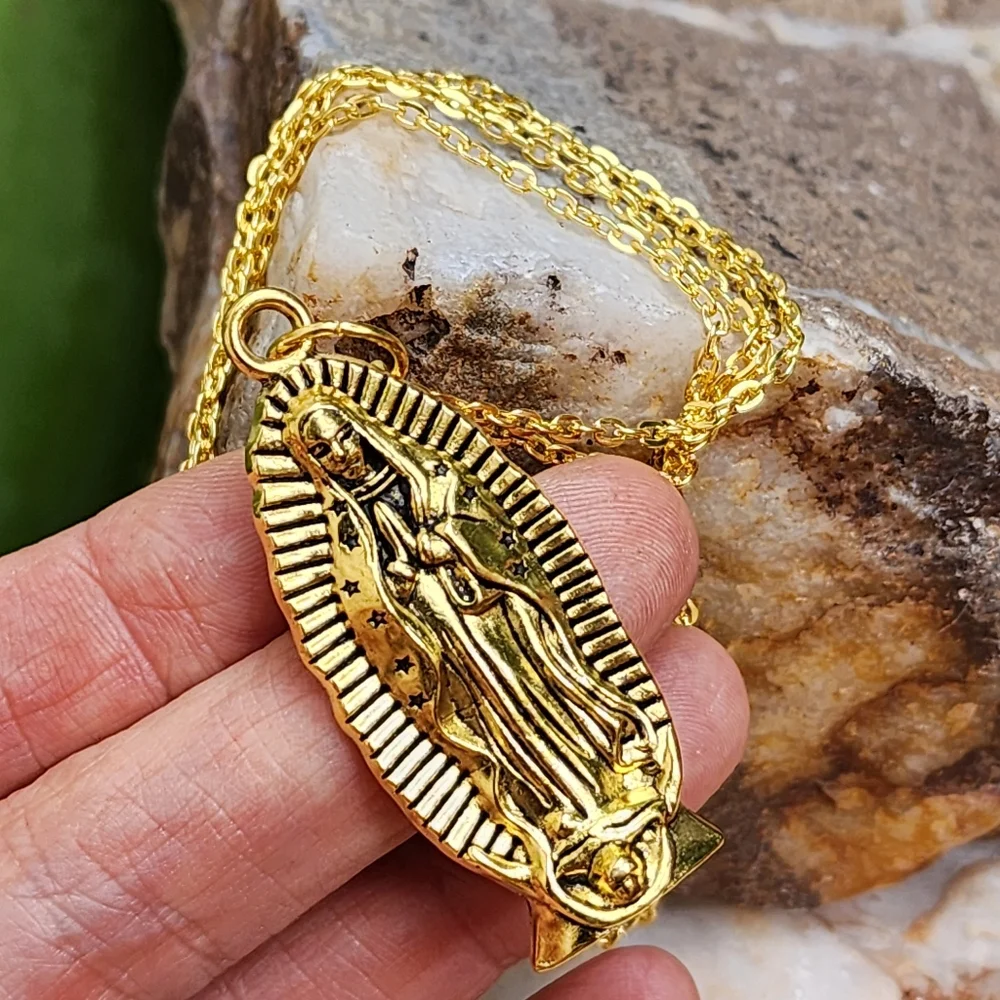 Large Our Lady of Guadalupe' Gold Medallion Long Chain Magnolia Rose